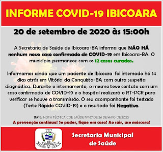 Ibicoara segue sem novos casos ativos de Covid-19, diz secretaria