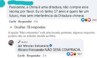 Bolsonaro diz que não comprará vacina Coronavac