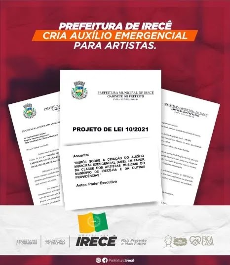 Prefeitura de Irecê cria Auxílio Emergencial de 1.400,00 para artistas cadastrados em associação