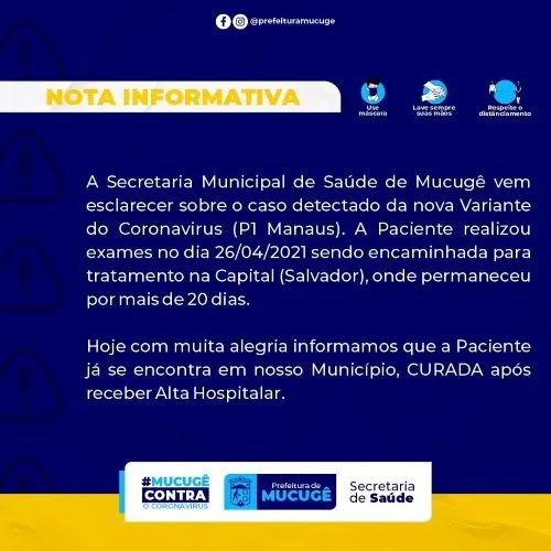 Secretaria de Saúde de Mucugê esclarecer sobre o caso da variante Manaus no município