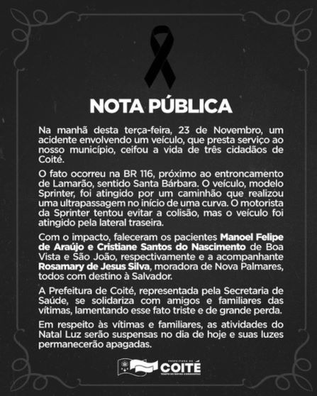 Batida entre van de Secretaria de Saúde e caminhão deixa três mortos e cinco feridos na BR-116