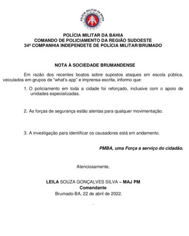 Rondesp mobiliza reforço em escola após ameaça de suposto massacre em Brumado