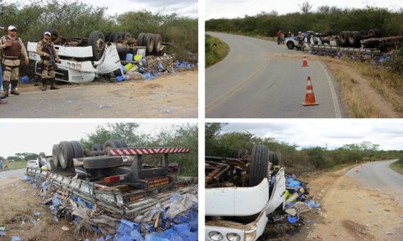 Caminhão carregado com água mineral capota, deixa um morto e dois feridos na BA-409