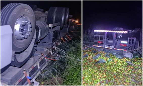 Caminhão carregado de tomates capota entre Barra da Estiva e Ituaçu